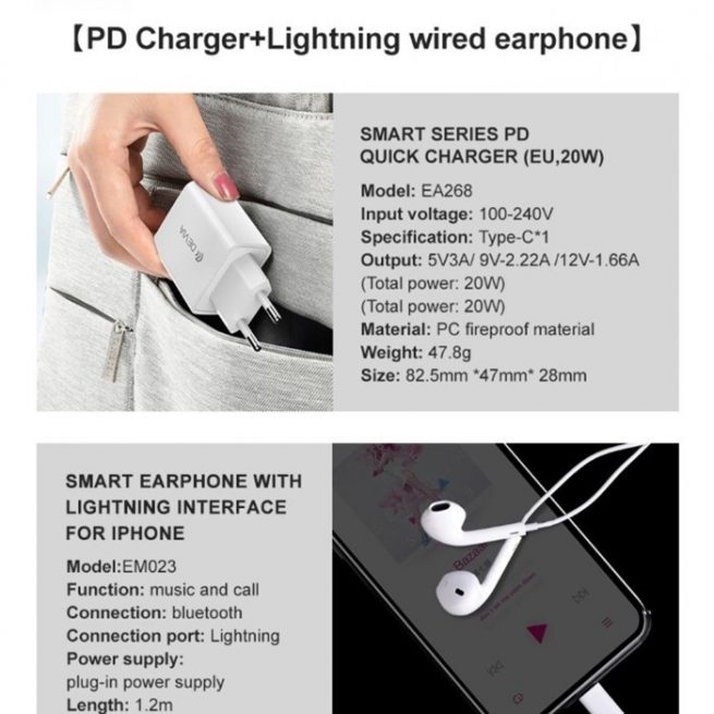 Caricatore rapido PD 20W con Auricolari lightning Bluetooth