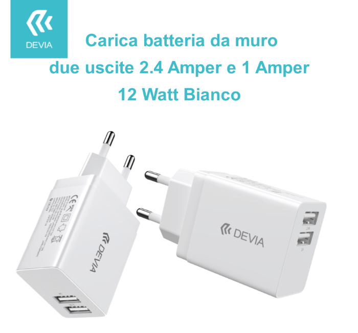 Carica Batterie 2 Uscite 2.4 Amper e 1 Amper 12 Watt Bianco