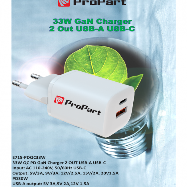 Carica Batterie QC GaN 33W PD 2 Output USB-A + USB-C
