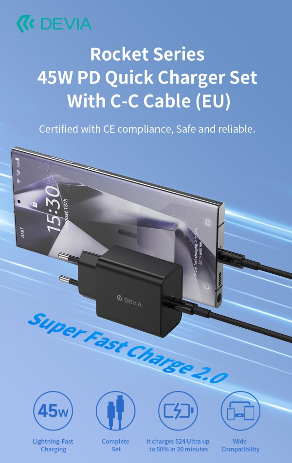 Carica Batterie PD 45 Watt con cavo da C a C per carica rapida nero