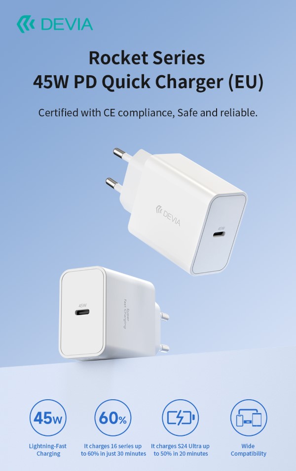 Carica Batterie PD 45 Watt Tipo-C per carica rapida bianco