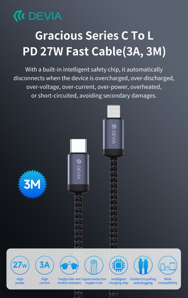 Cavo carica rapida da C a Lightning PD 27W 3A 3 Metri Nero