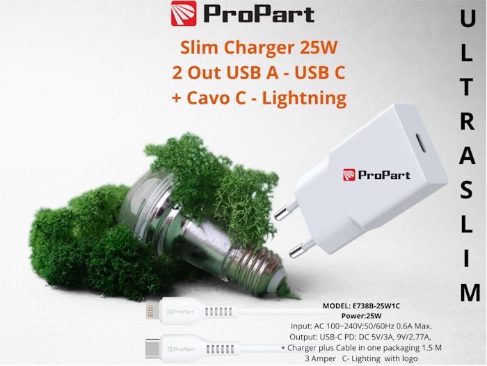 Slim Carica Batterie + Cavo Tipo C Lightning 25W 1 Out USB C