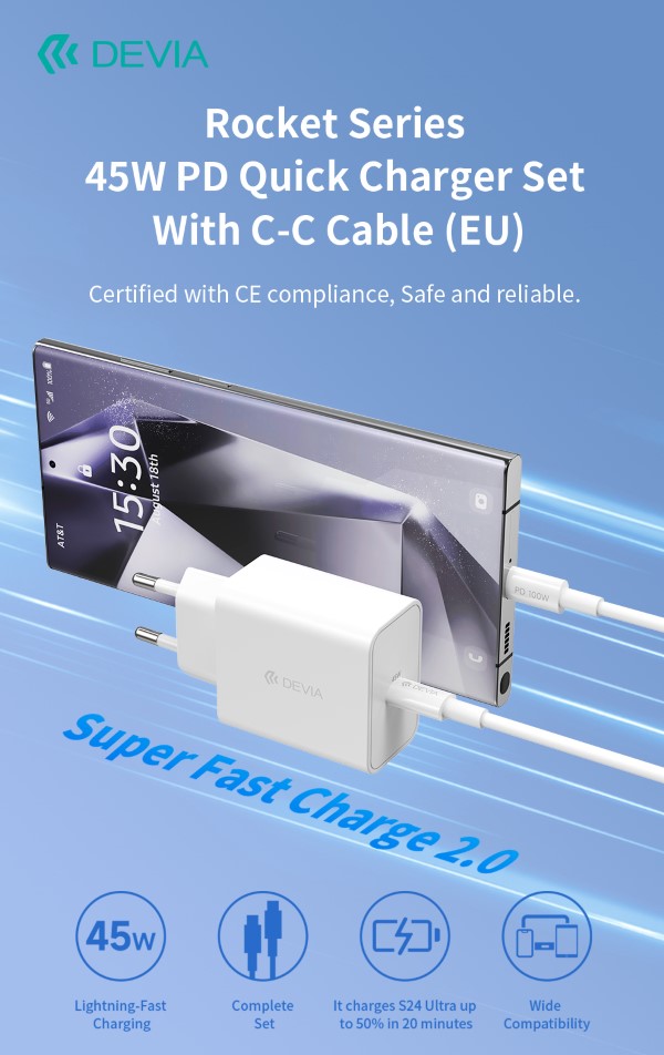 Carica Batterie PD 45 Watt con cavo da C a C per carica rapida bianco