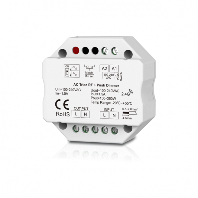 Dimmer LED 1 Canale RF 2.4G + Push 230V – Taglio di Fase Leading/Trailing